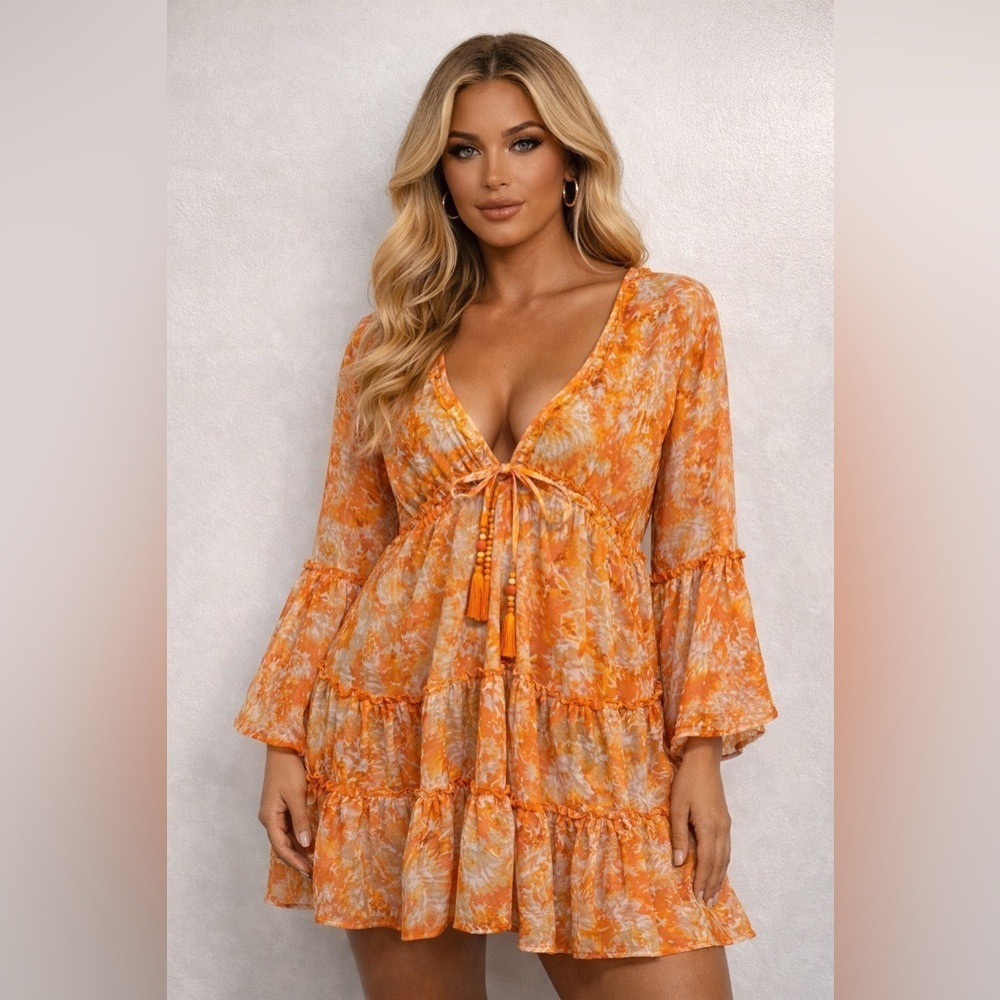 Boho Tiered Mini Dress | Tropical Ruffle Tassel Tie V-Neck | Orange Floral | M